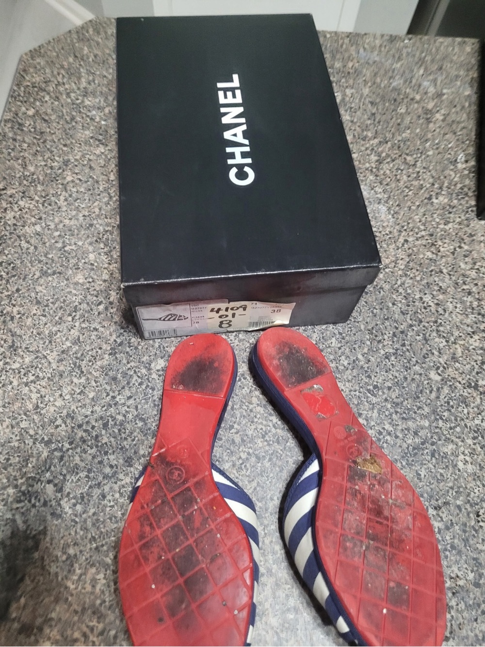 CHANEL Navy, White & Red Striped Slide Mules - Picture 4 of 4